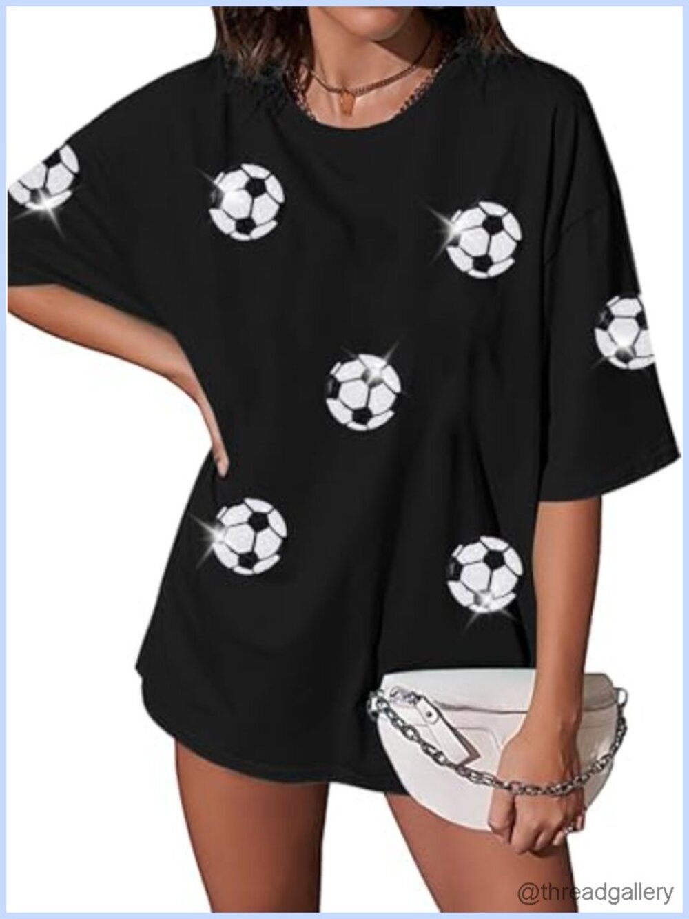 Sequin Football Graphic Tee Oversized Game Day Shirt Women Short Sleeve